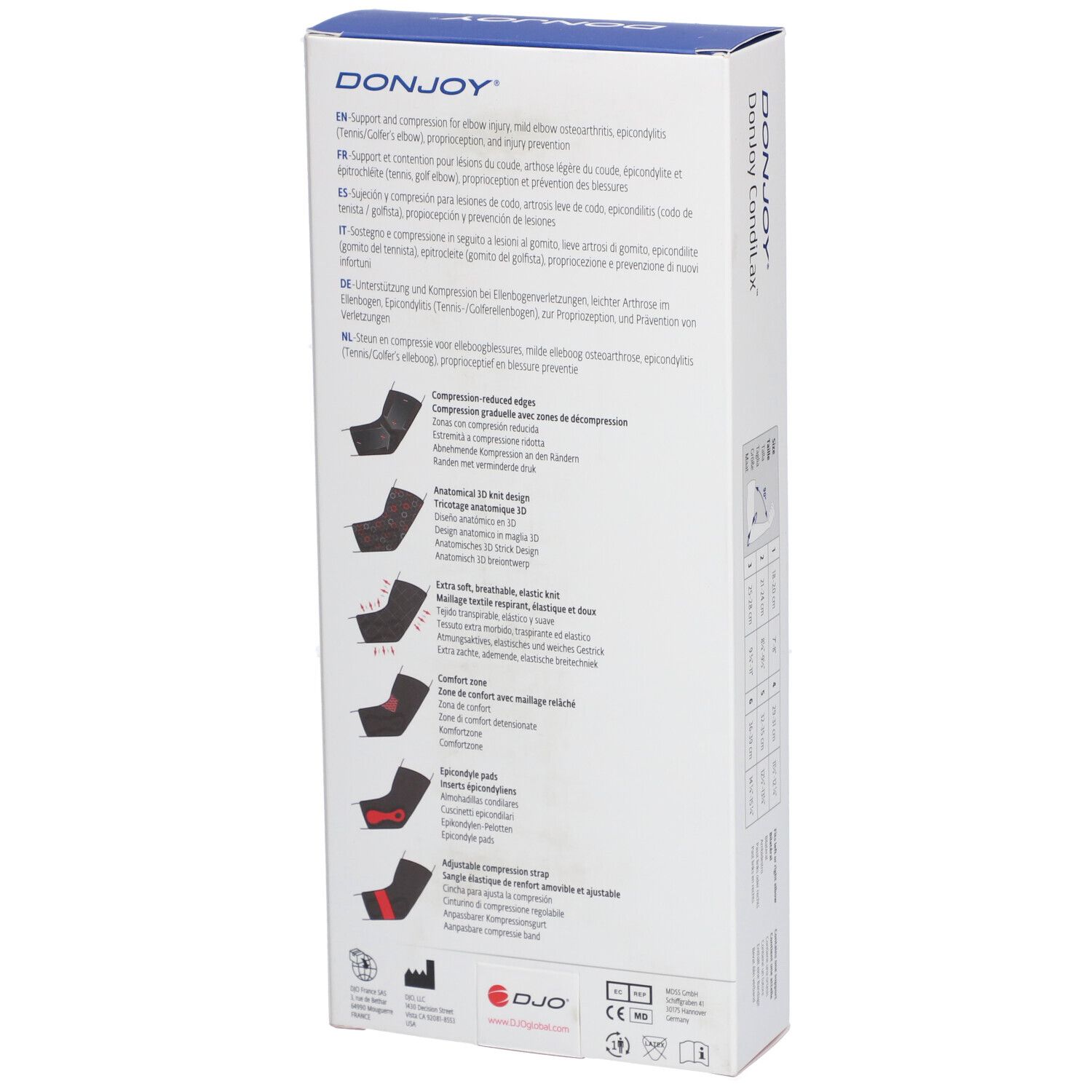 Dos de la boîte DonJoy CondiLax. Informations sur le produit et illustrations de l'attelle. Marque visible.