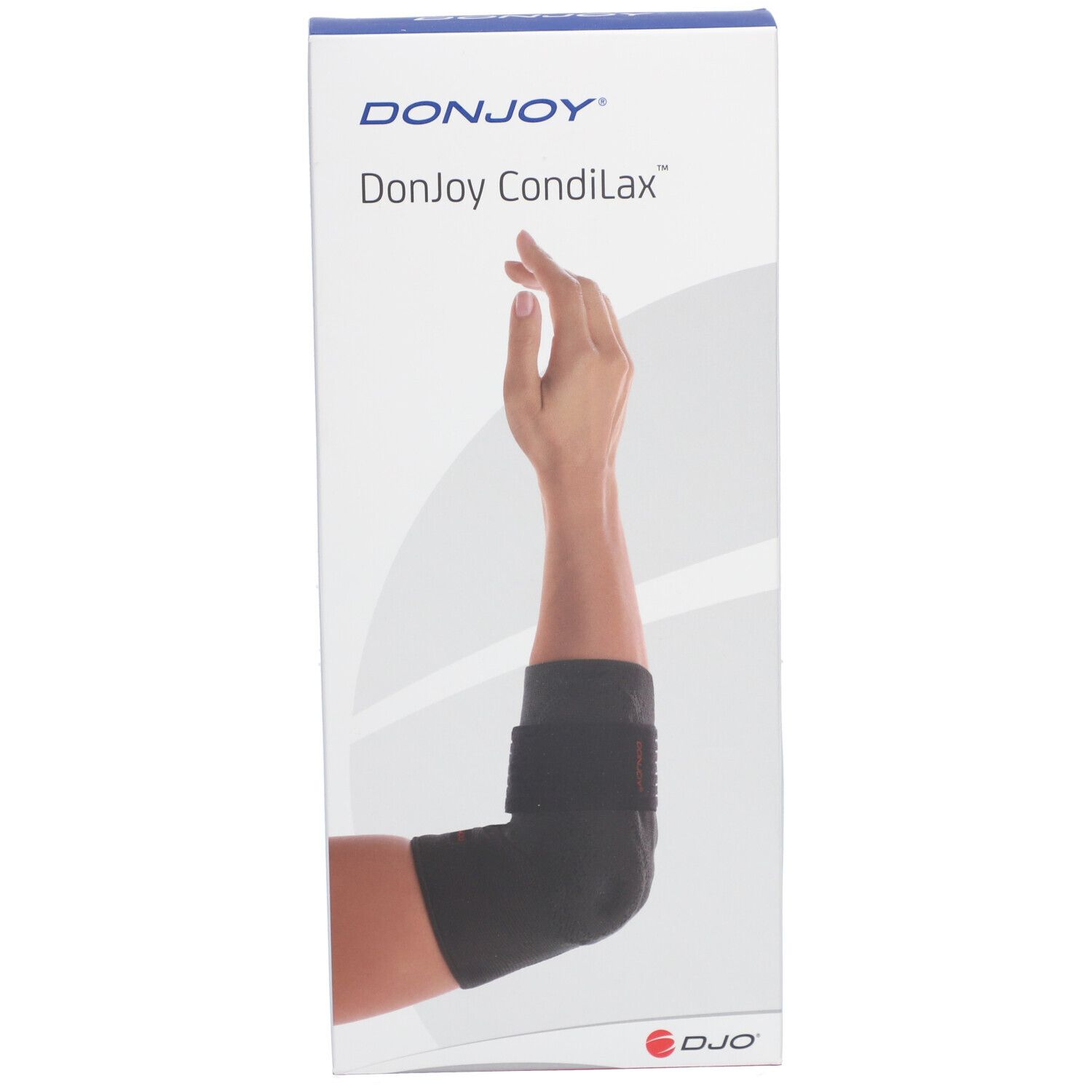 Boîte DonJoy CondiLax. Un bras avec une attelle de coude noire est visible. La marque et le nom du produit sont affichés.