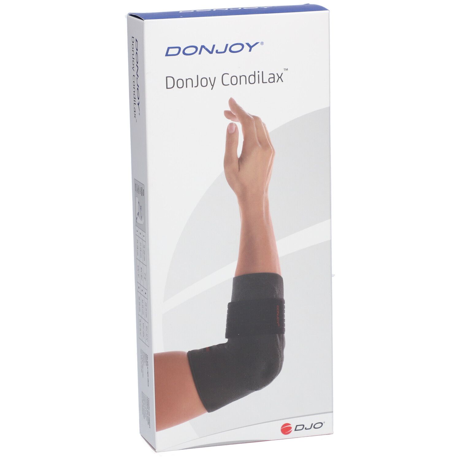 Boîte DonJoy CondiLax. Un bras avec une attelle de coude noire est visible. La marque et le nom du produit sont affichés.