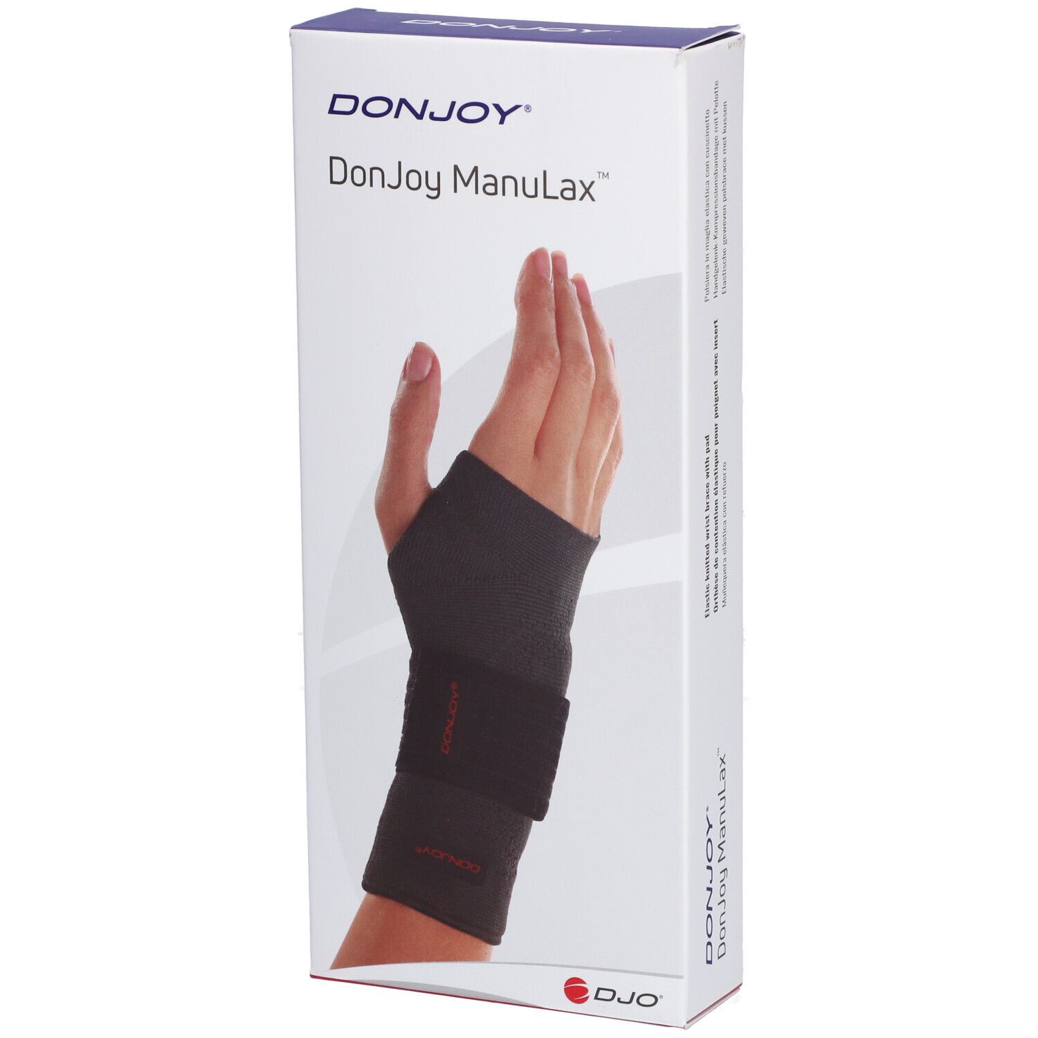 Verpakking DonJoy ManuLax polsbrace. Afbeelding van een hand met brace. Merk en productnaam duidelijk zichtbaar.