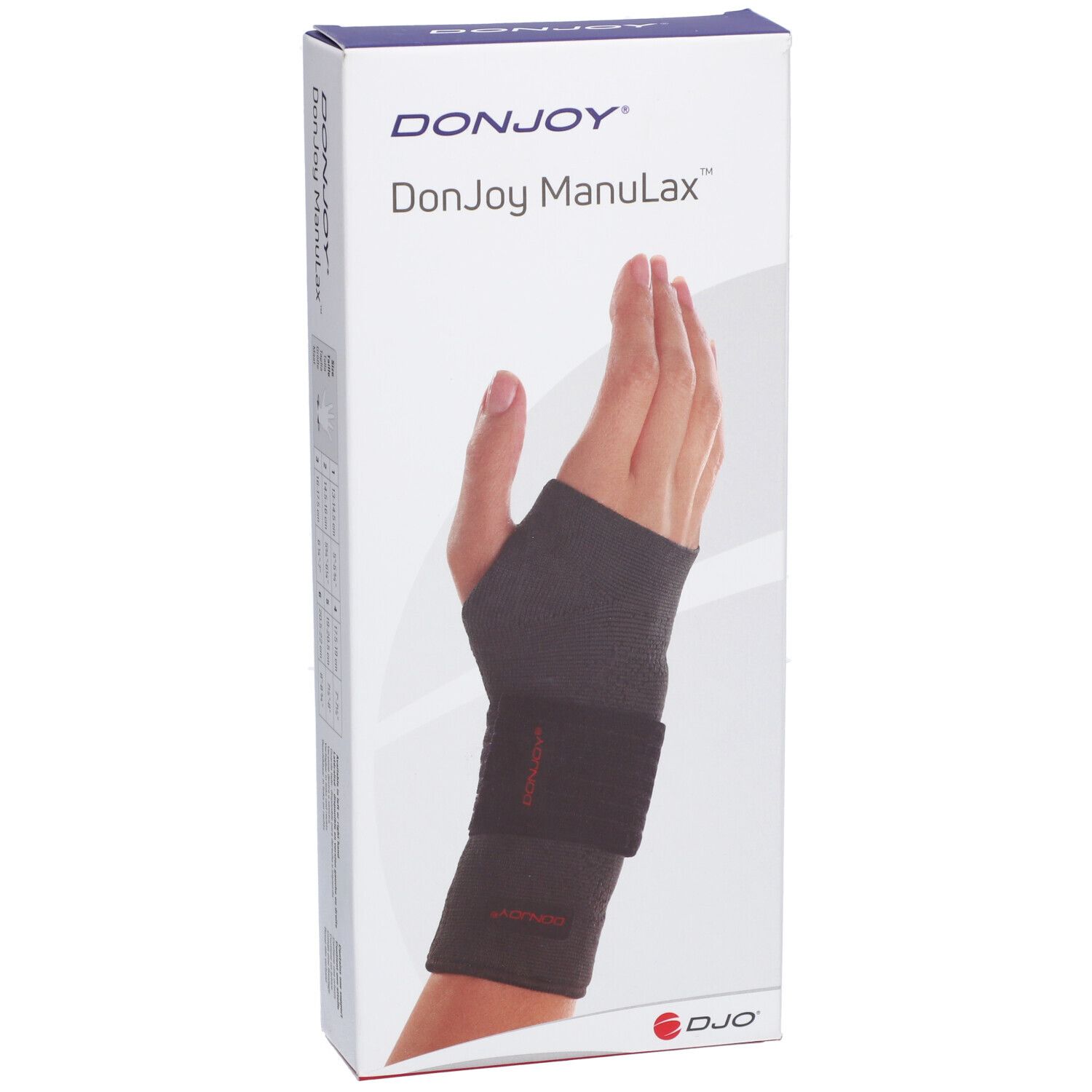 Verpakking DonJoy ManuLax. Hand met polsbrace. Merk en productnaam duidelijk zichtbaar op de verpakking.
