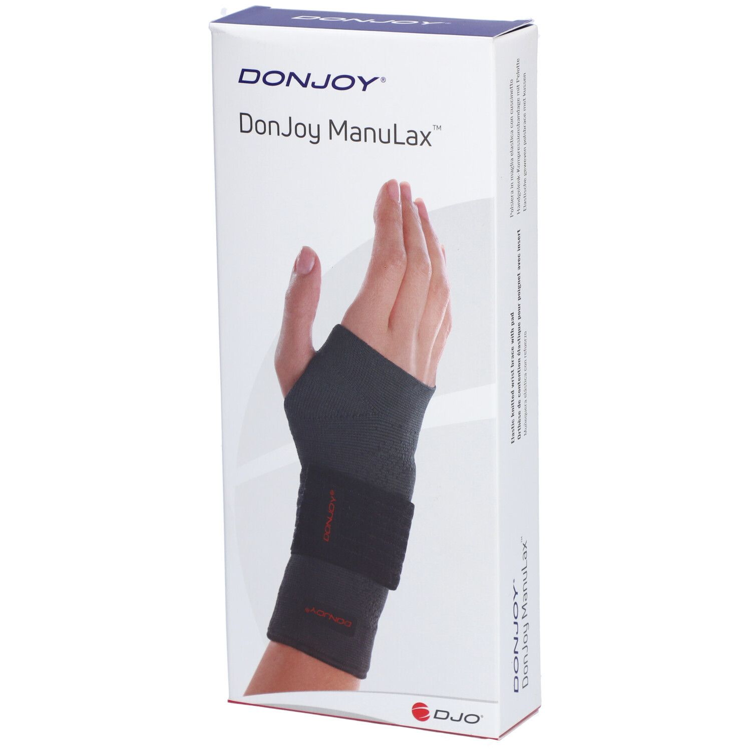 Orthèse de poignet DonJoy ManuLax, extra extra large, dans son emballage. Main illustrée sur l'emballage.