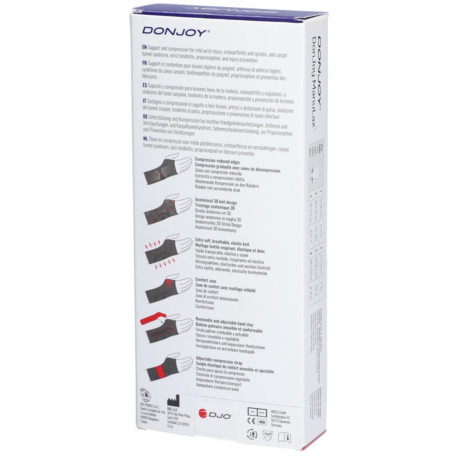 Dos de l'emballage DonJoy ManuLax. Texte multilingue, caractéristiques du produit et certifications.