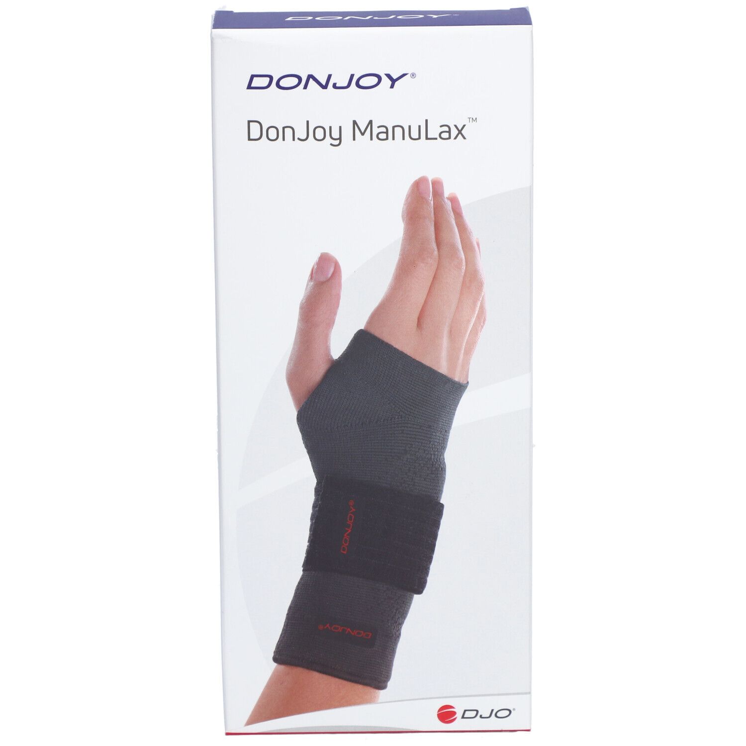 Orthèse de poignet DonJoy ManuLax, extra extra large, dans son emballage. Main avec attelle illustrée.