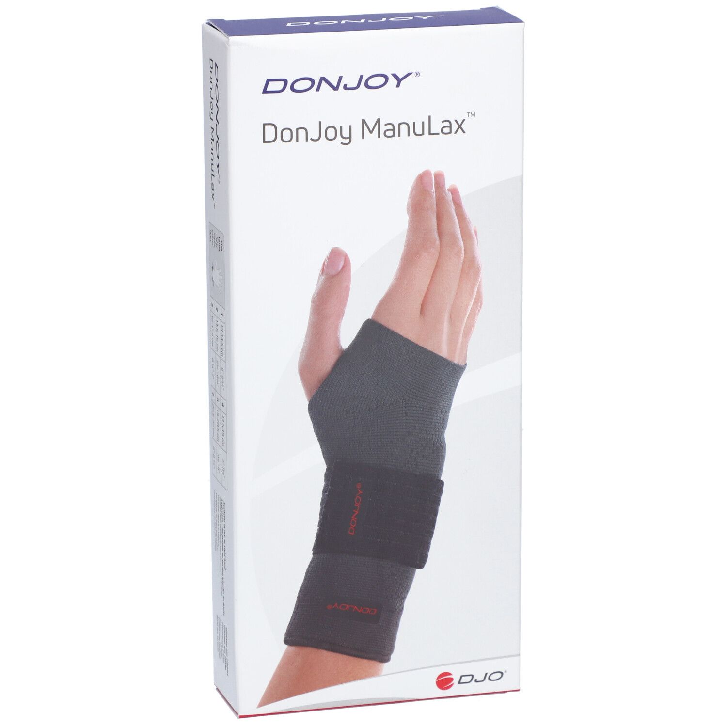 Orthèse de poignet DonJoy ManuLax, extra extra large, dans son emballage. Main avec attelle illustrée.