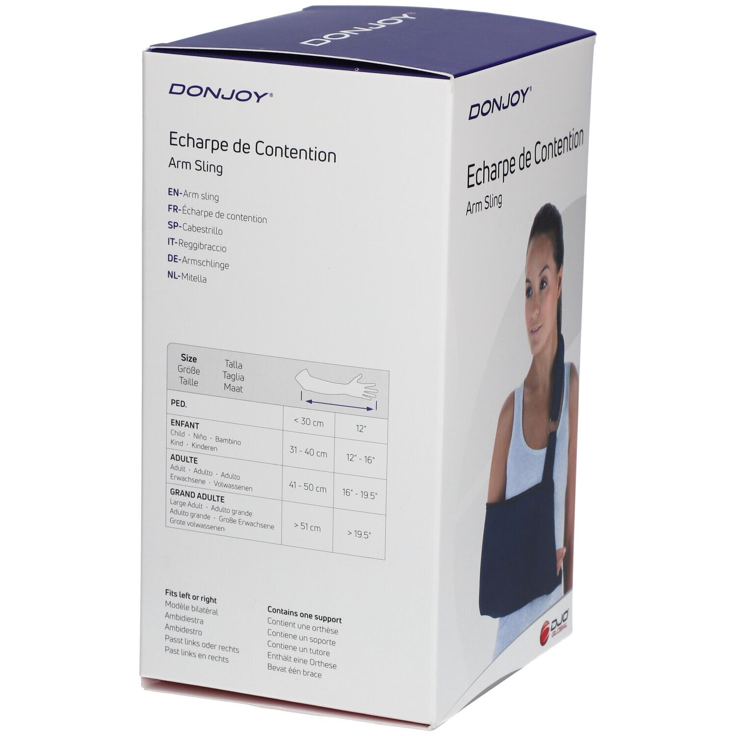 Verpakking van de draagdoek. Merk DONJOY. Tekst: Écharpe de Contention / Arm Sling. Maattabel voor kinderen, volwassenen en senioren.