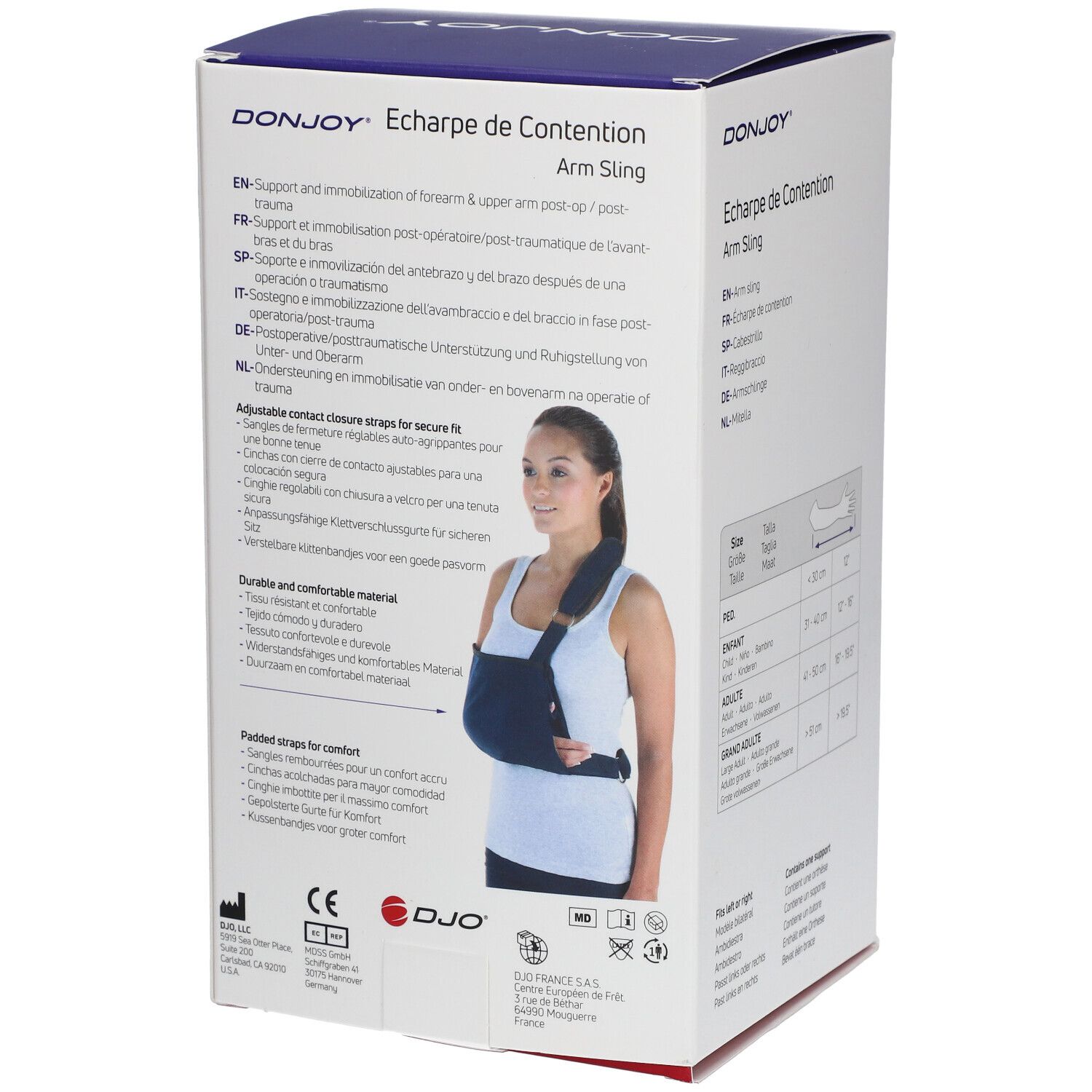 Verpakking van de draagdoek. Merk DONJOY. Tekst: Écharpe de Contention / Arm Sling. Beschrijving van kenmerken en certificeringen.