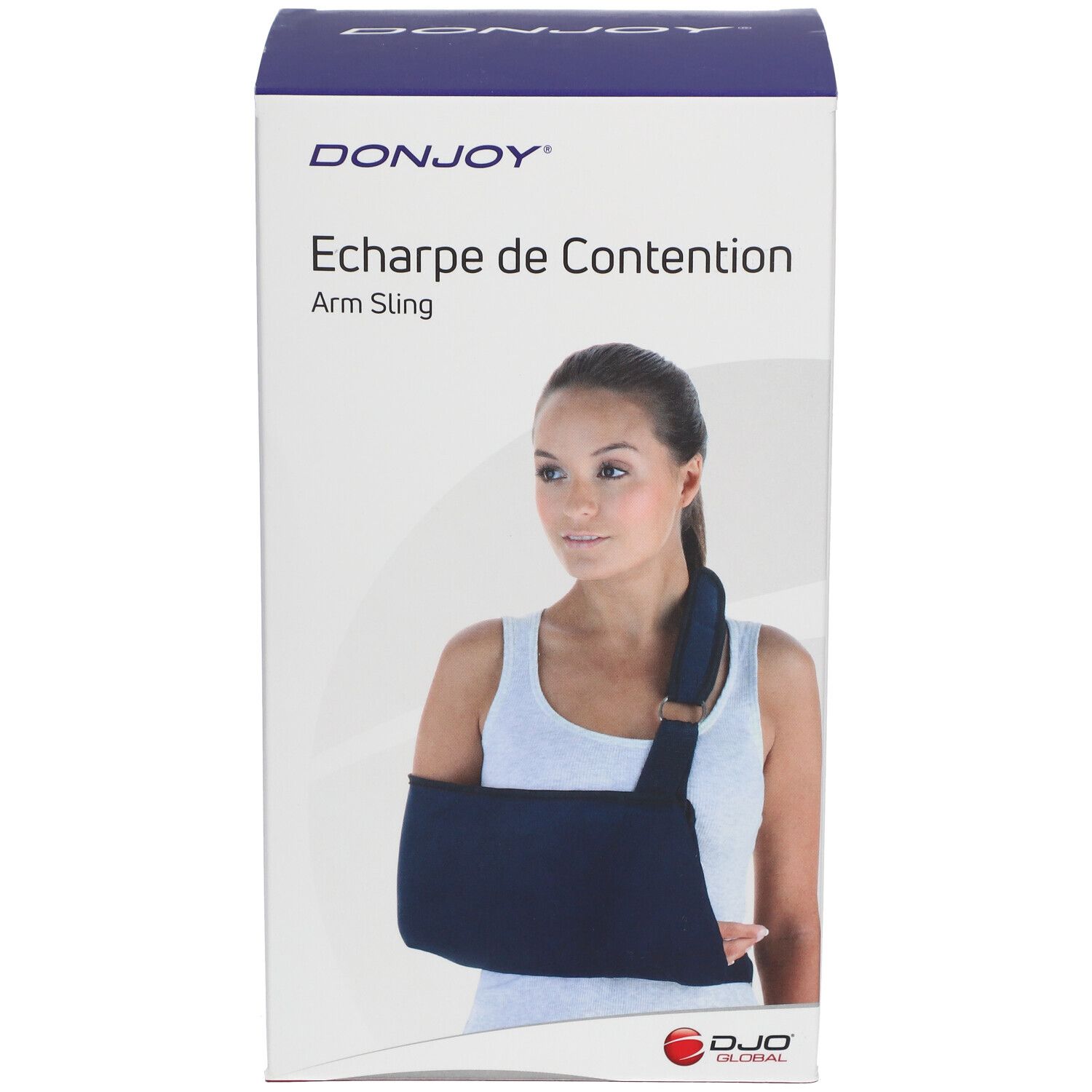 Donkerblauwe draagdoek op verpakking. Merk DONJOY. Tekst: Écharpe de Contention / Arm Sling. Vrouw draagt de draagdoek.