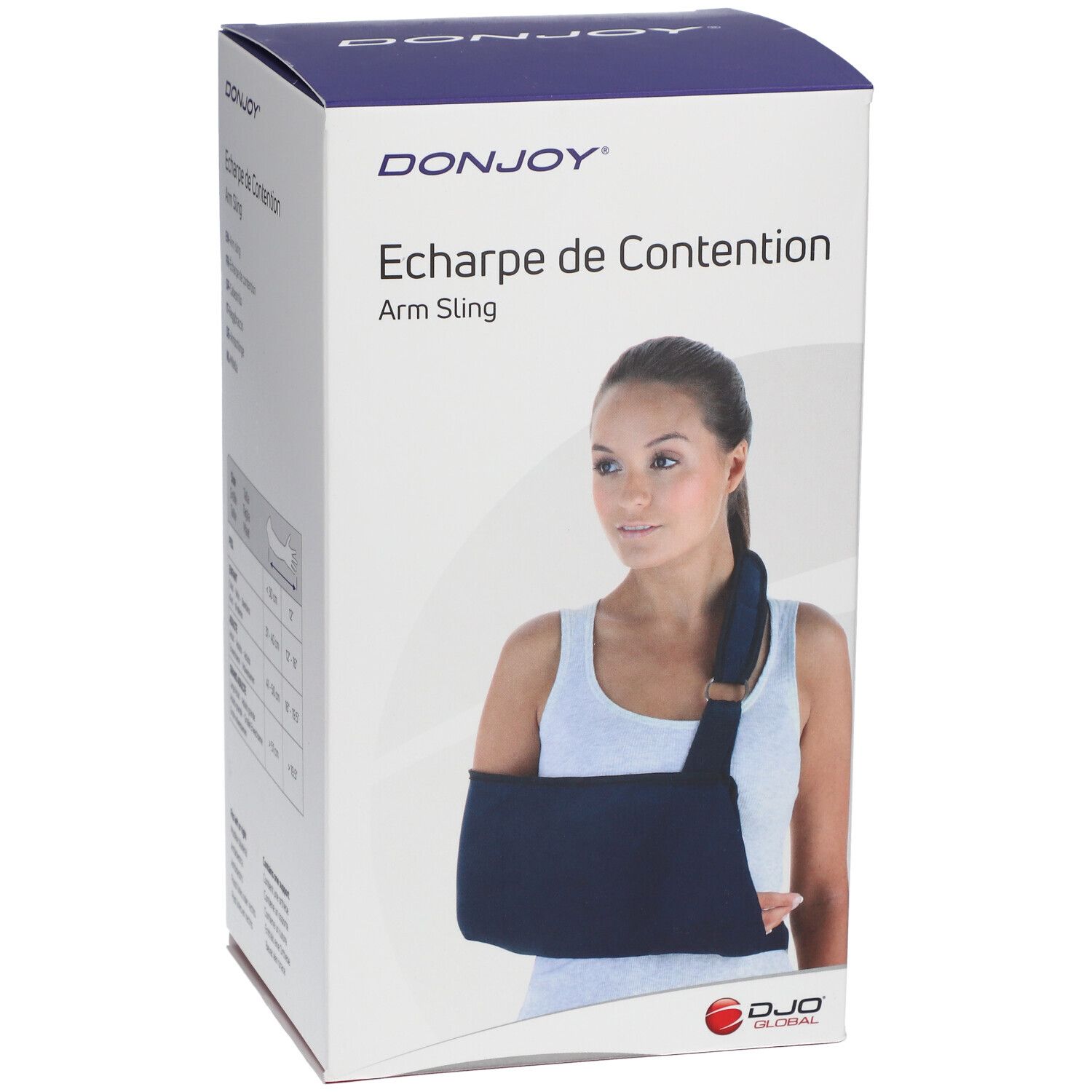 Donkerblauwe draagdoek op verpakking. Merk DONJOY. Tekst: Écharpe de Contention / Arm Sling. Vrouw draagt de draagdoek.