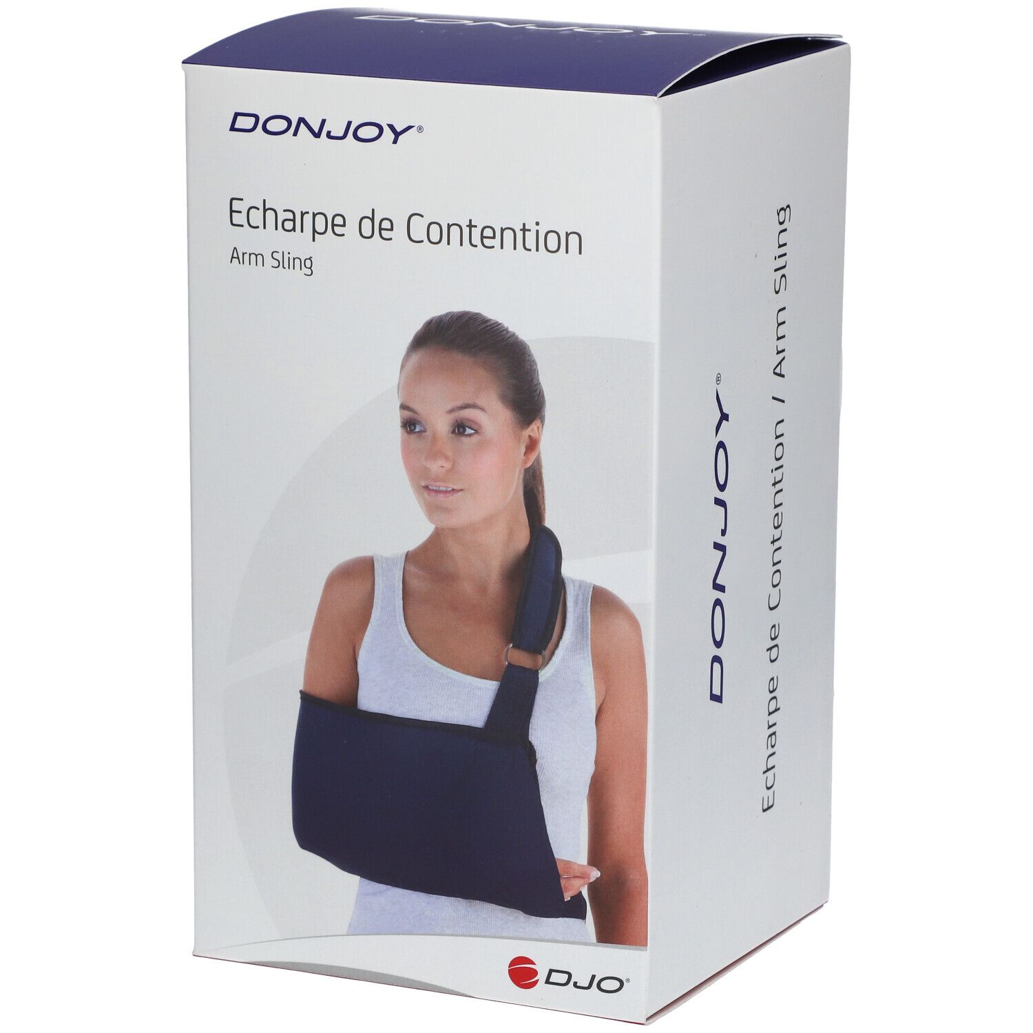 Verpakking DonJoy Écharpe de Contention. Opschrift: Écharpe de Contention, Arm Sling. Vrouw met draagdoek.