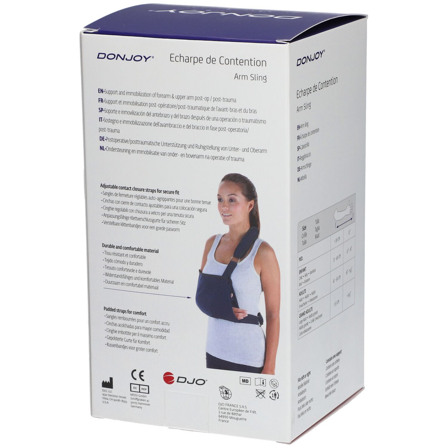 Zijkant verpakking DonJoy Écharpe de Contention. Productkenmerken. Vrouw met draagdoek. CE-markering.