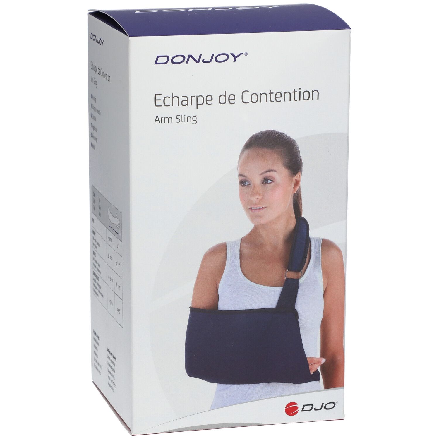 Voorkant verpakking DonJoy Écharpe de Contention. Vrouw met draagdoek. Tekst: Écharpe de Contention, Arm Sling.