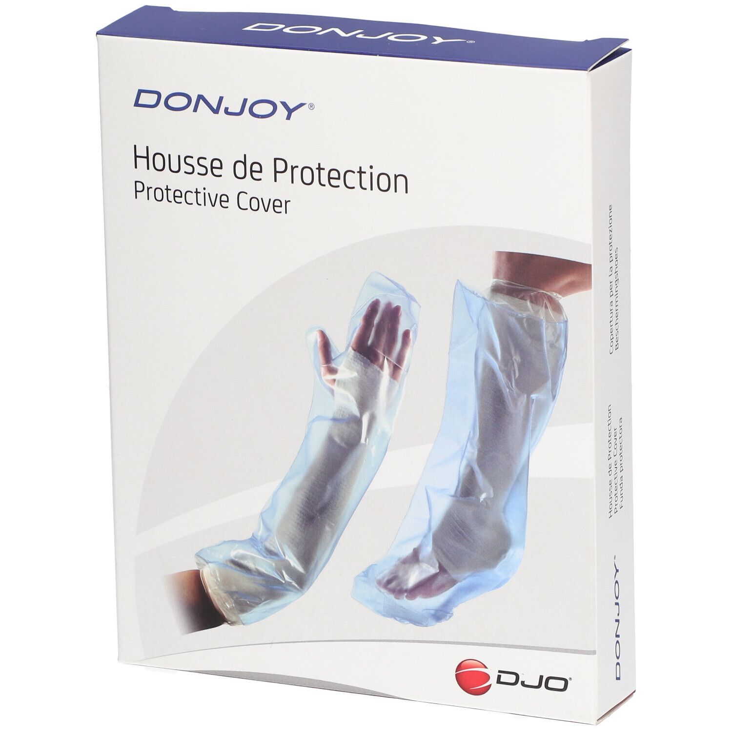 Boîte avec illustration du produit. Inscriptions: DONJOY, Housse de Protection, Protective Cover. Montre des housses de protection pour bras et jambe.