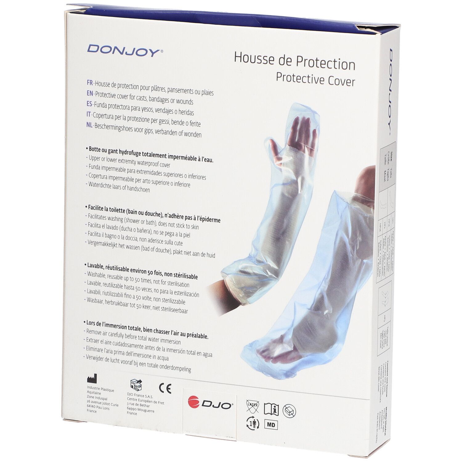 Boîte, dos. Inscriptions: DONJOY, Housse de Protection, Protective Cover. Illustration: housses de protection. Texte multilingue.