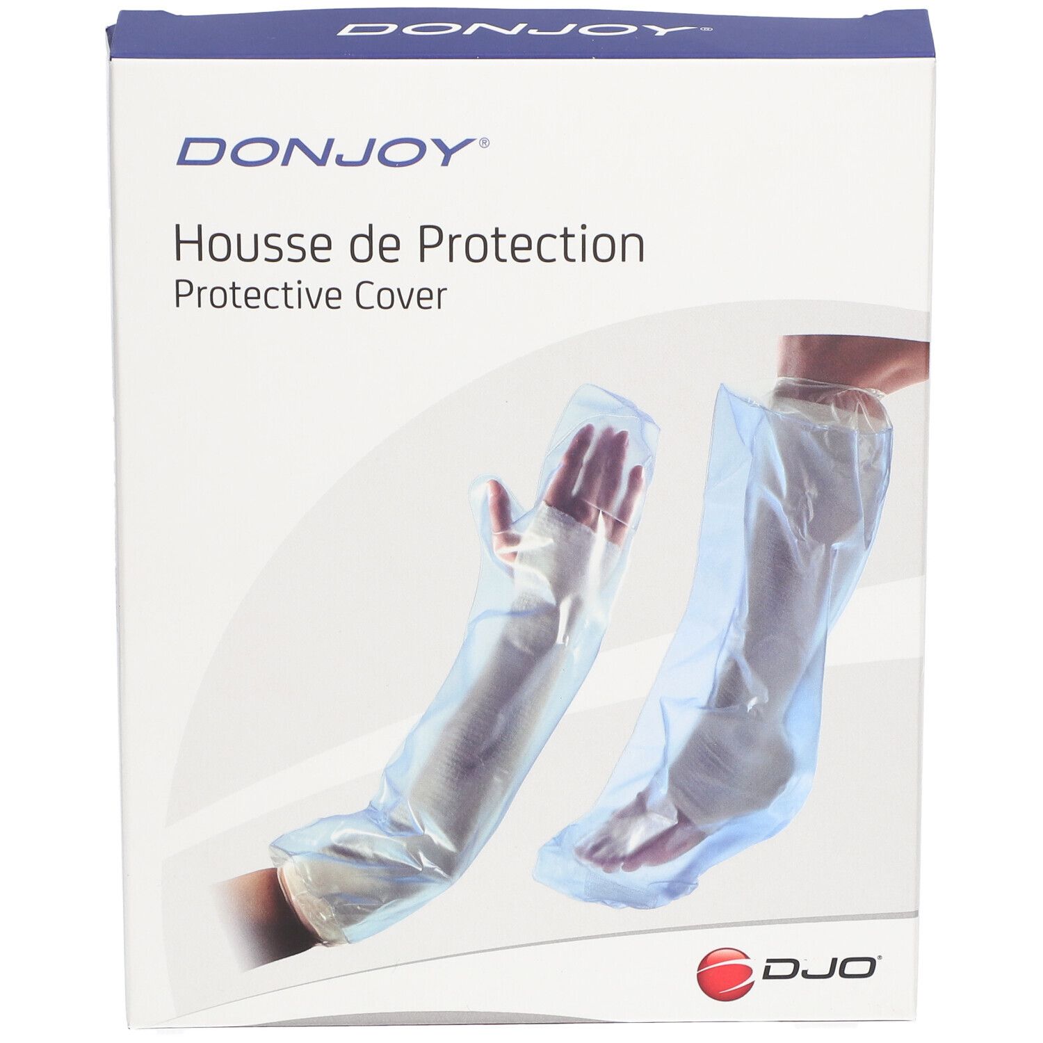 Boîte avec illustration du produit. Inscriptions: DONJOY, Housse de Protection, Protective Cover. Montre des housses de protection pour bras et jambe.