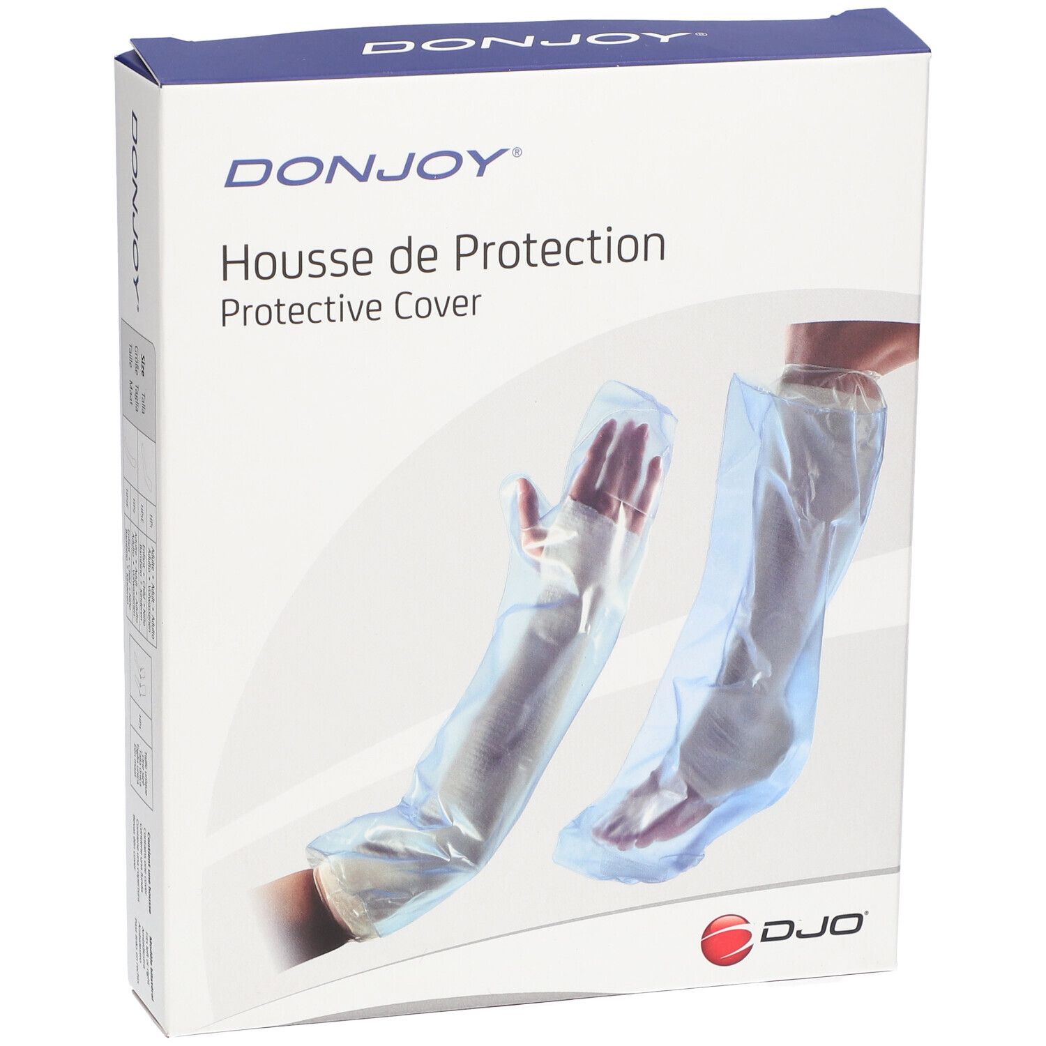 Boîte avec illustration du produit. Inscriptions: DONJOY, Housse de Protection, Protective Cover. Montre des housses de protection pour bras et jambe.