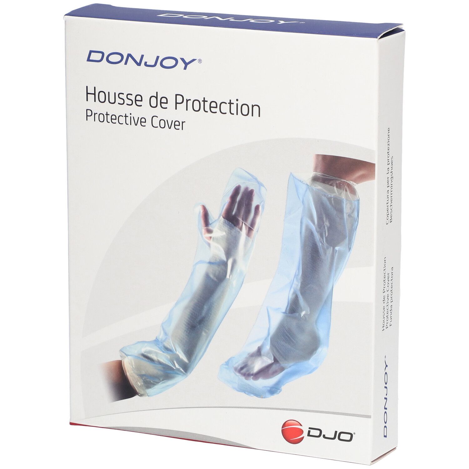 Verpakking DonJoy, Housse de Protection. Toont twee transparante beschermhoezen voor been en arm.