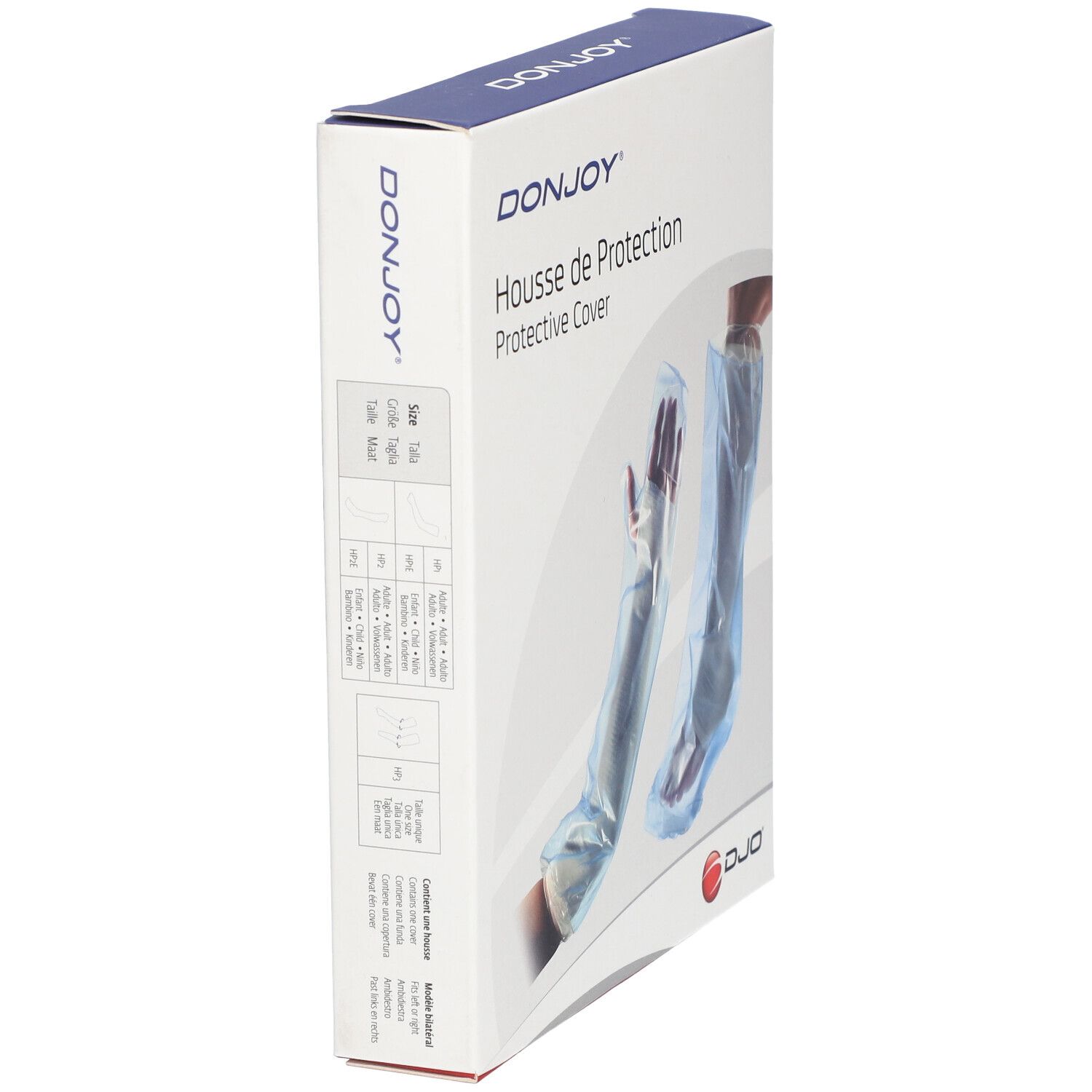 DonJoy verpakking, Housse de Protection, zijaanzicht. Maten zichtbaar. Twee beschermhoezen voor been en arm.