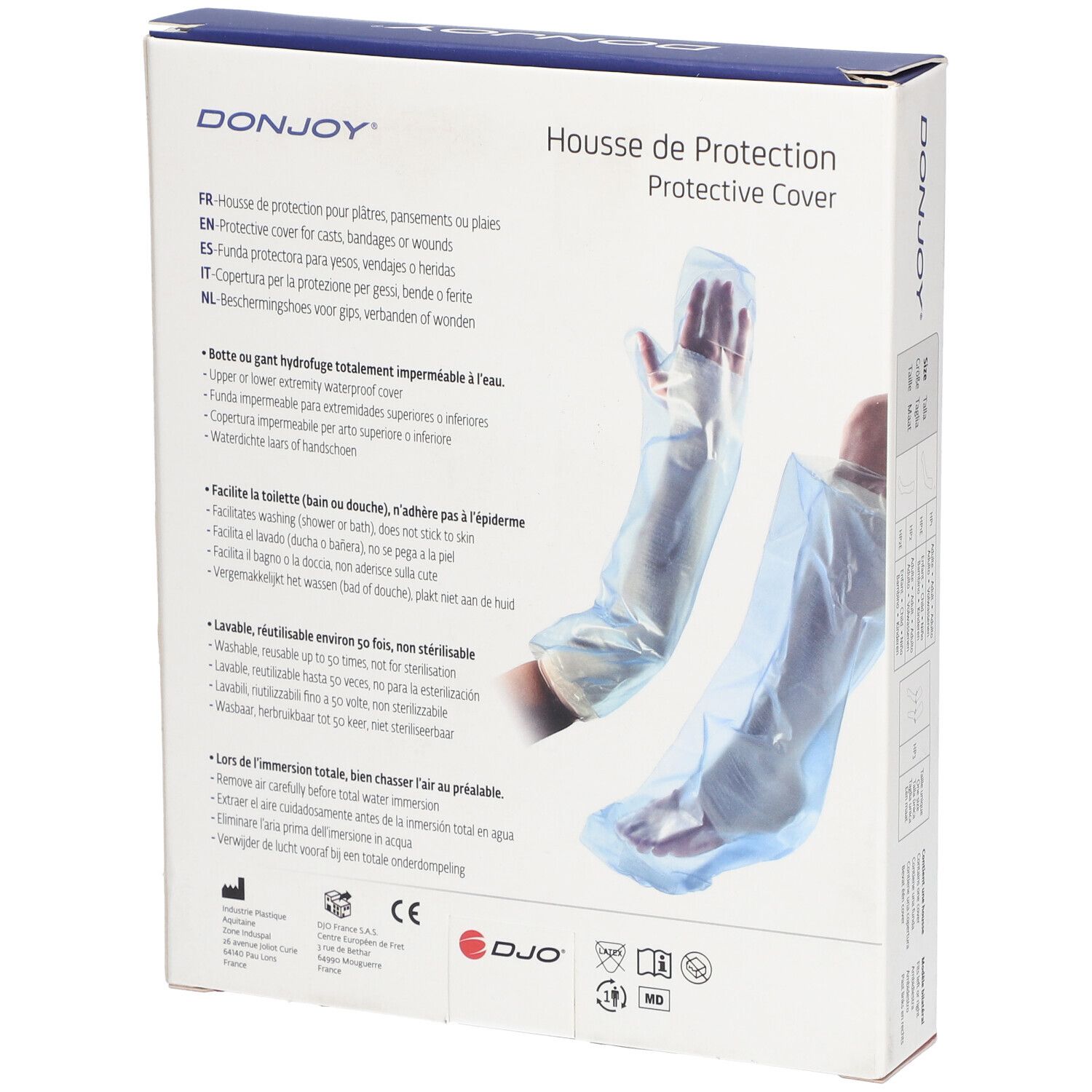 Achterkant DonJoy Housse de Protection verpakking. Meertalige beschrijving. Twee beschermhoezen.