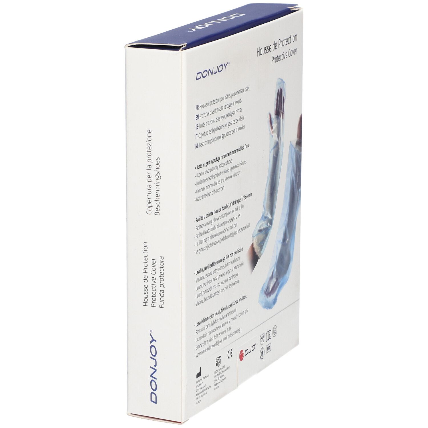Zijaanzicht DonJoy Housse de Protection verpakking. Meertalige beschrijving. Twee beschermhoezen.