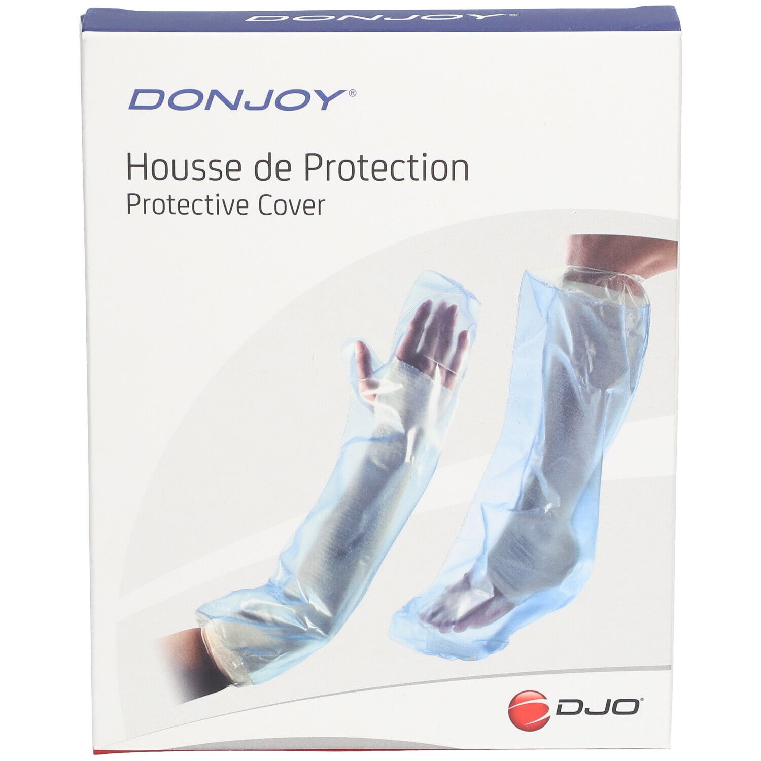 DonJoy Housse de Protection verpakking. Twee transparante beschermhoezen voor been en arm, op hand en voet.