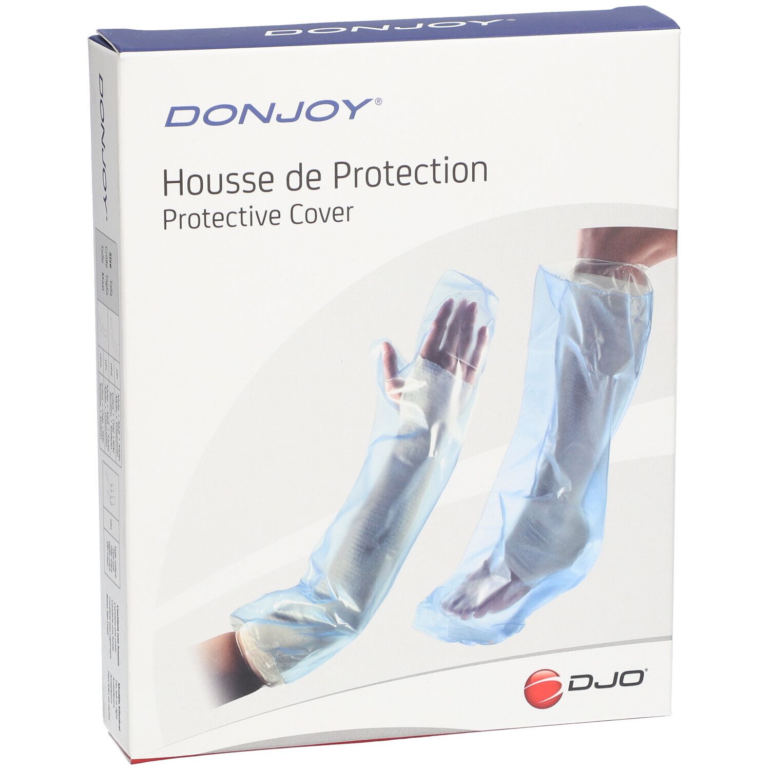 DonJoy Housse de Protection verpakking. Twee transparante beschermhoezen voor been en arm, op hand en voet.
