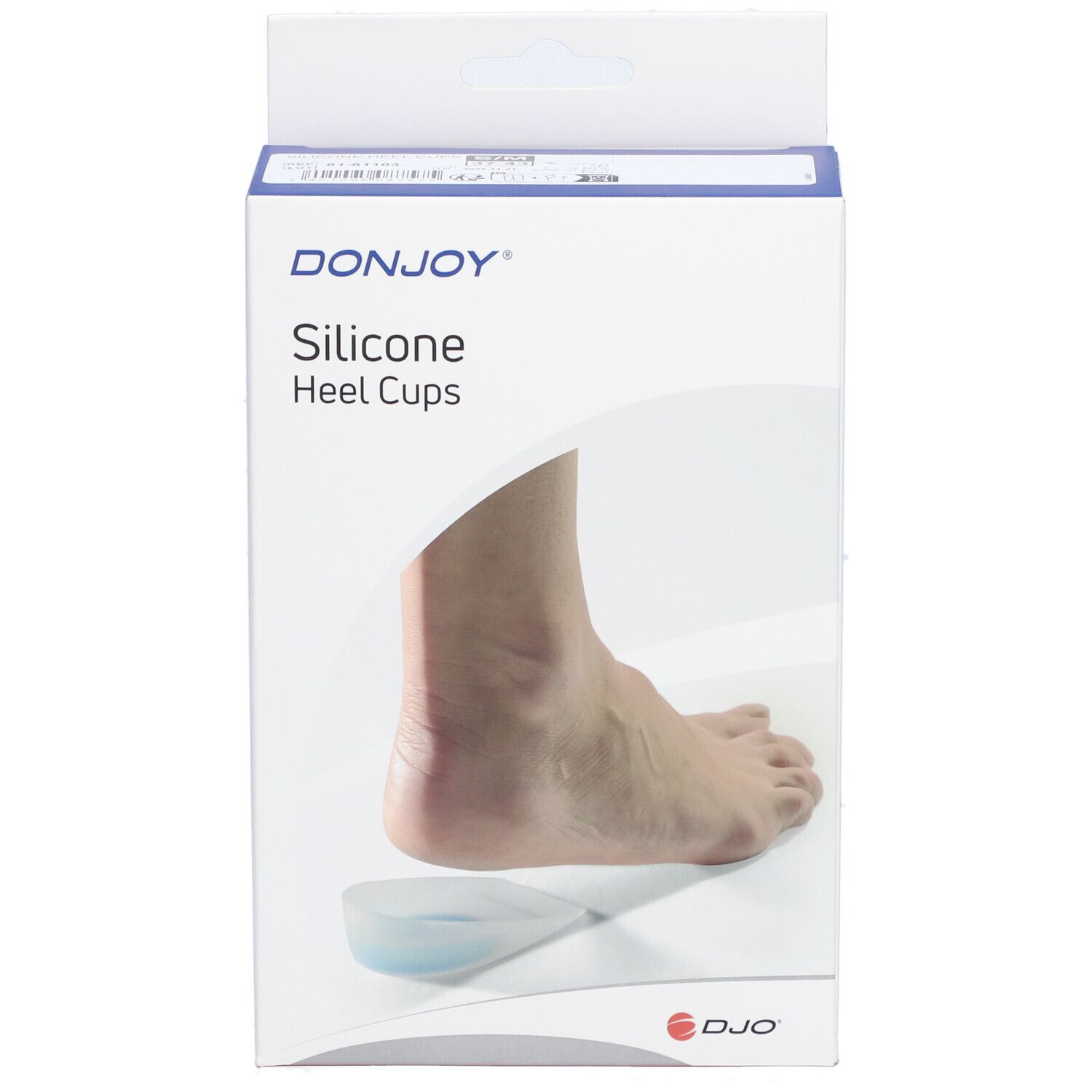 Boîte de talonnettes en silicone DONJOY. Pied sur fond blanc, talonnette en dessous. Logo DJO.