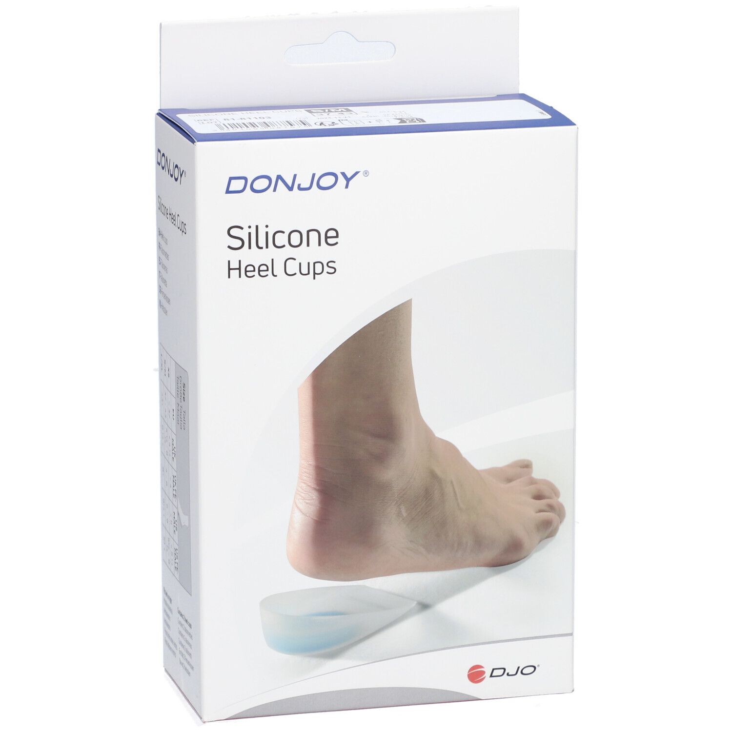 Boîte de talonnettes en silicone DONJOY. Pied sur fond blanc, talonnette en dessous. Logo DJO.