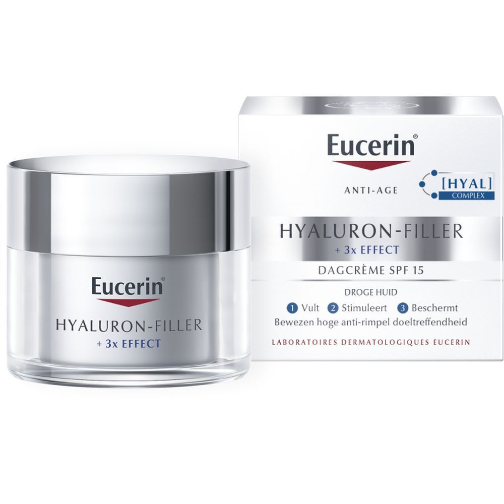Crèmetiegel en verpakking. Eucerin HYALURON-FILLER + 3x EFFECT Dagcrème Droge Huid SPF 15.