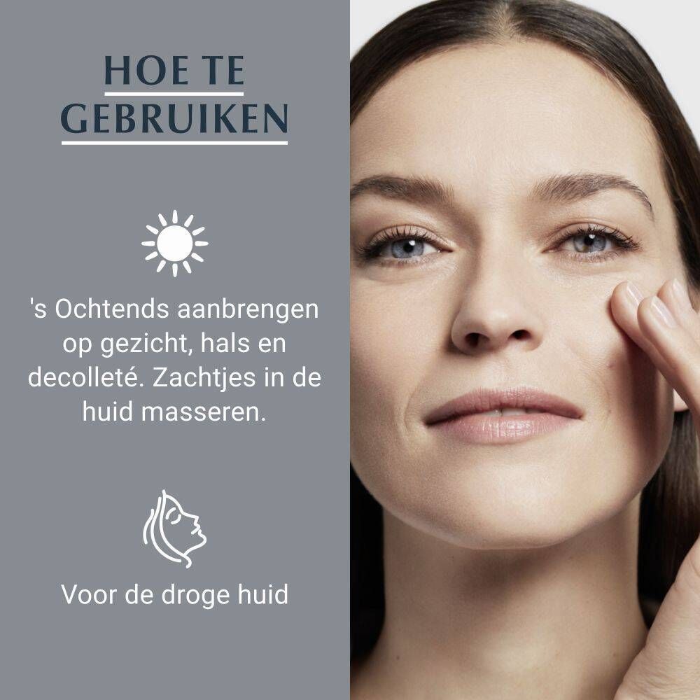 Vrouw die haar gezicht aanraakt. Tekst: Gebruik: 's ochtends aanbrengen op gezicht, hals en decolleté.