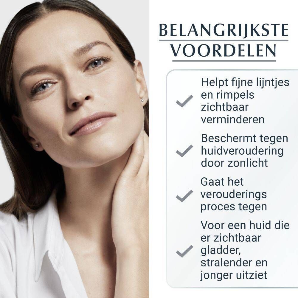Vrouwelijk gezicht. Tekst: Belangrijkste voordelen: Vermindert rimpels, beschermt tegen veroudering, gladdere huid.