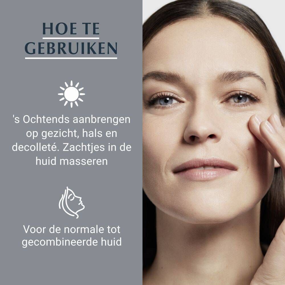 Vrouw brengt crème aan. Tekst: Hoe te gebruiken: 's Ochtends aanbrengen op gezicht, hals en decolleté.