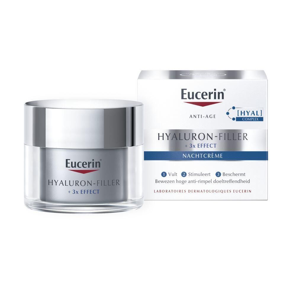 Pot en verpakking. Eucerin Hyaluron-Filler + 3x Effect Nachtcrème. Anti-Age.