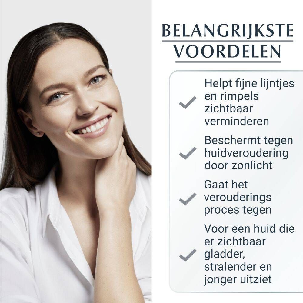 Lachende vrouw. Tekst: Belangrijkste voordelen. Helpt rimpels te verminderen, beschermt tegen zonlicht.
