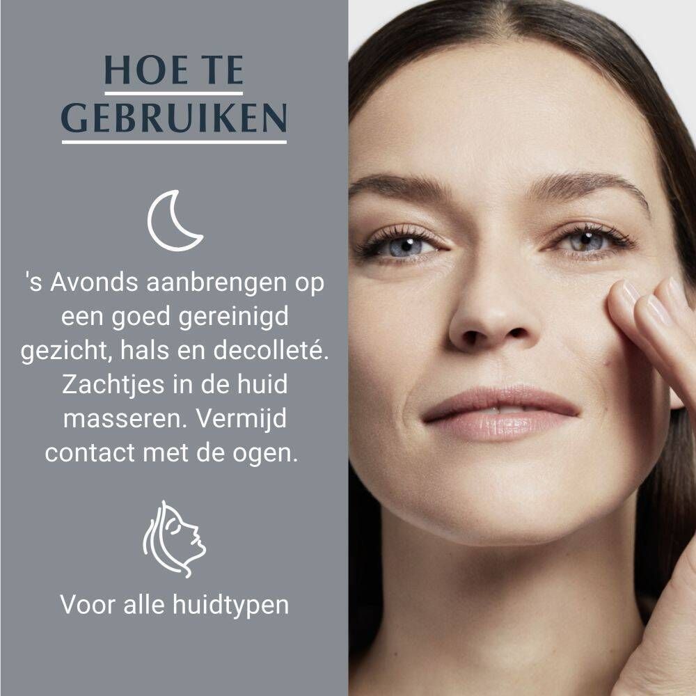 Vrouw brengt crème aan. Tekst: Hoe te gebruiken. 's Avonds aanbrengen. Voor alle huidtypen.