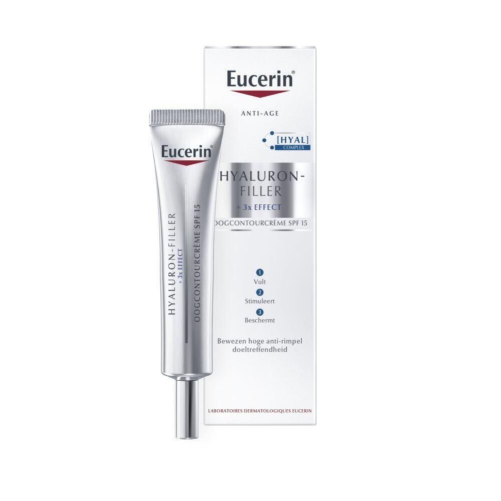 Zilveren tube met Eucerin. Tekst: Oogcrème SPF 15. Verpakking met productafbeelding. Tekst in het Duits.