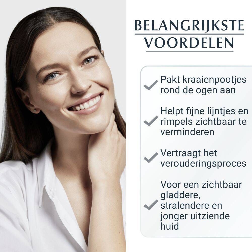 Lachende vrouw. Tekst: Belangrijkste voordelen. Vermindert rimpels, voor een jonger uitziende huid. Vinkjes.