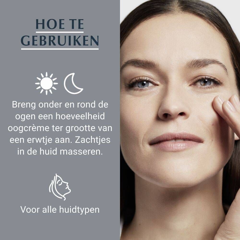 Vrouw raakt zachtjes haar oogcontour aan. Tekst: Hoe te gebruiken. Zon- en maansymbolen. Voor alle huidtypes.
