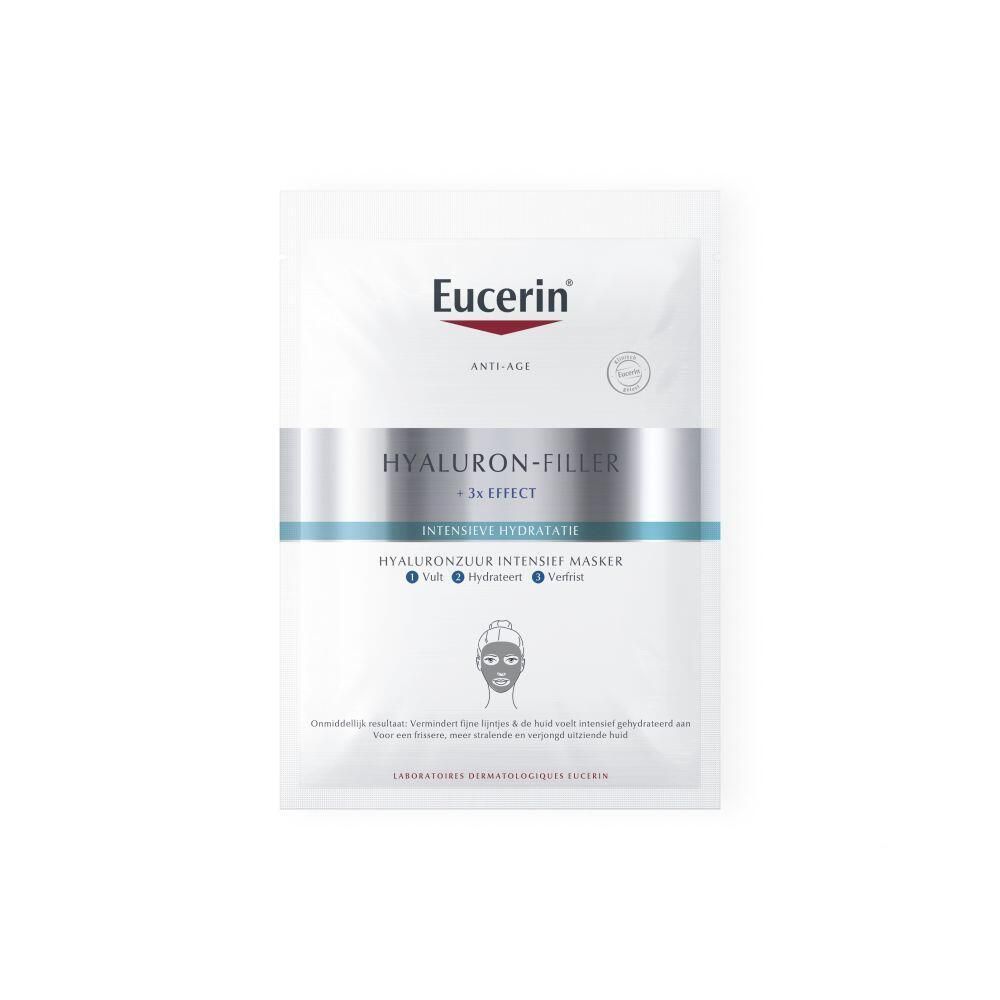 Witte zak. Merk Eucerin, tekst Hyaluron-Filler +3x Effect. Hydratation Intense, Hyaluronzuur Intensief Masker.