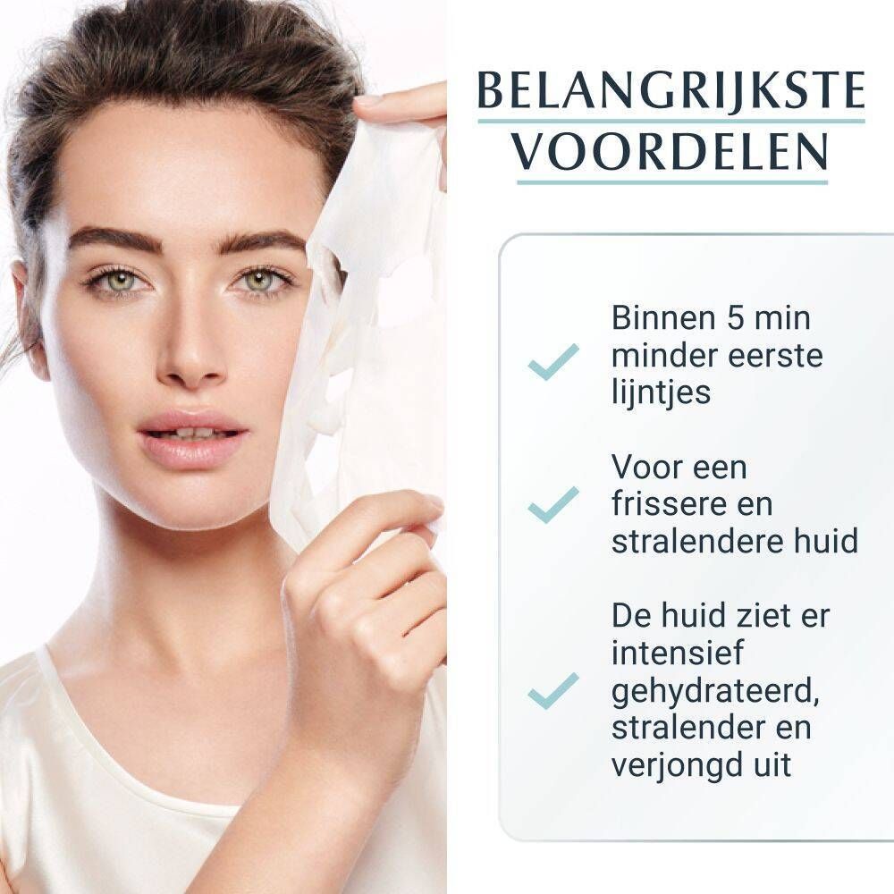 Vrouw met gezichtsmasker. Tekst: Binnen 5 min minder eerste lijntjes. Voor een frissere en stralende huid.