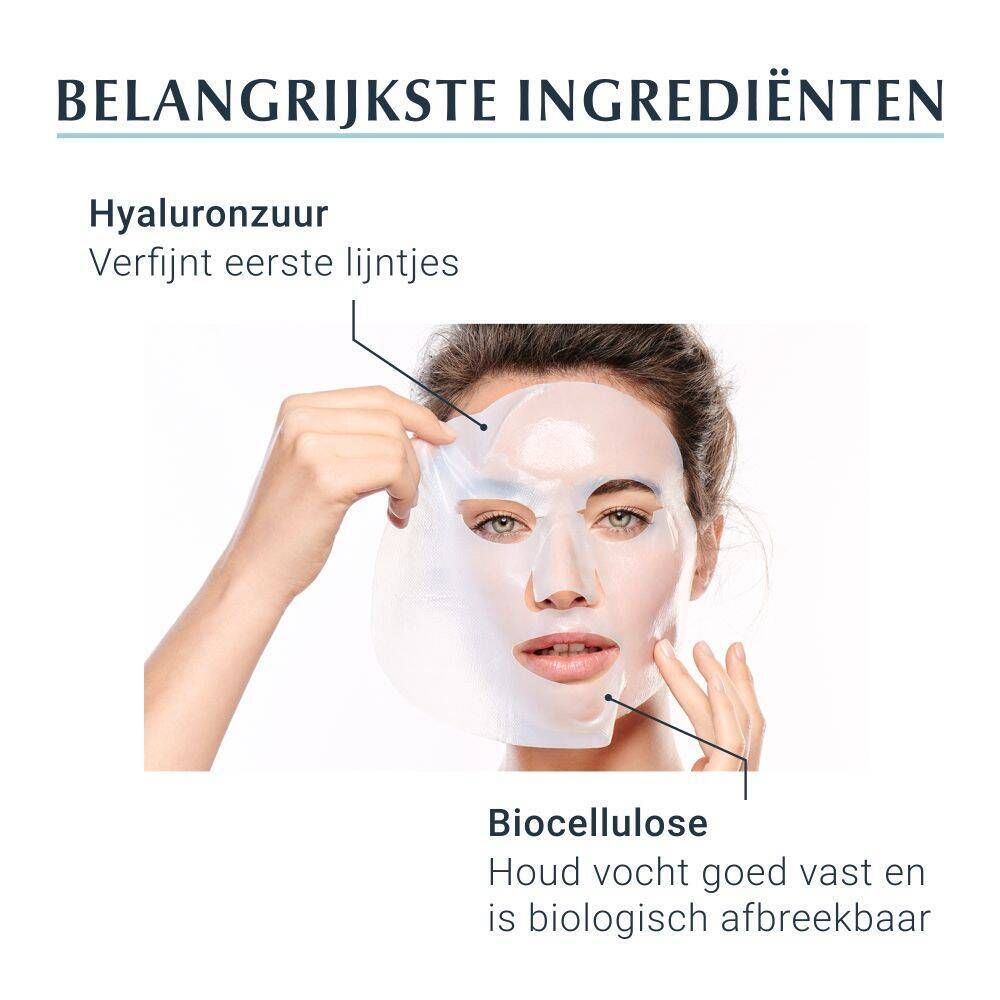 Vrouw met gezichtsmasker. Tekst: Hyaluronzuur, Biocellulose. Label: Houd vocht goed vast en is biologisch afbreekbaar.