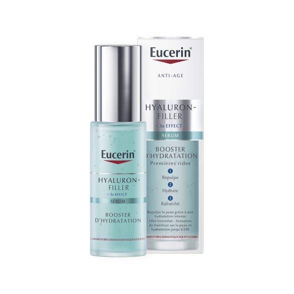 Sérum Booster d'Hydratation Eucerin Hyaluron-Filler + 3x Effect. Flacon et emballage. Inscription : Hyaluron-Filler, 3x Effect, Sérum, Booster d'Hydratation.