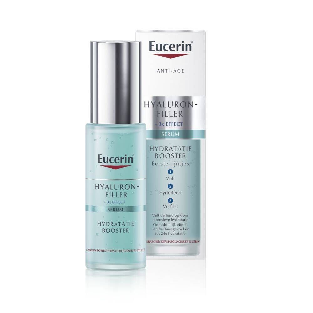 Eucerin Hyaluron-Filler + 3x Effect Hydratatie Booster Serum. Fles en verpakking. Opschrift: Hyaluron-Filler, 3x Effect, Serum, Hydratatie Booster.