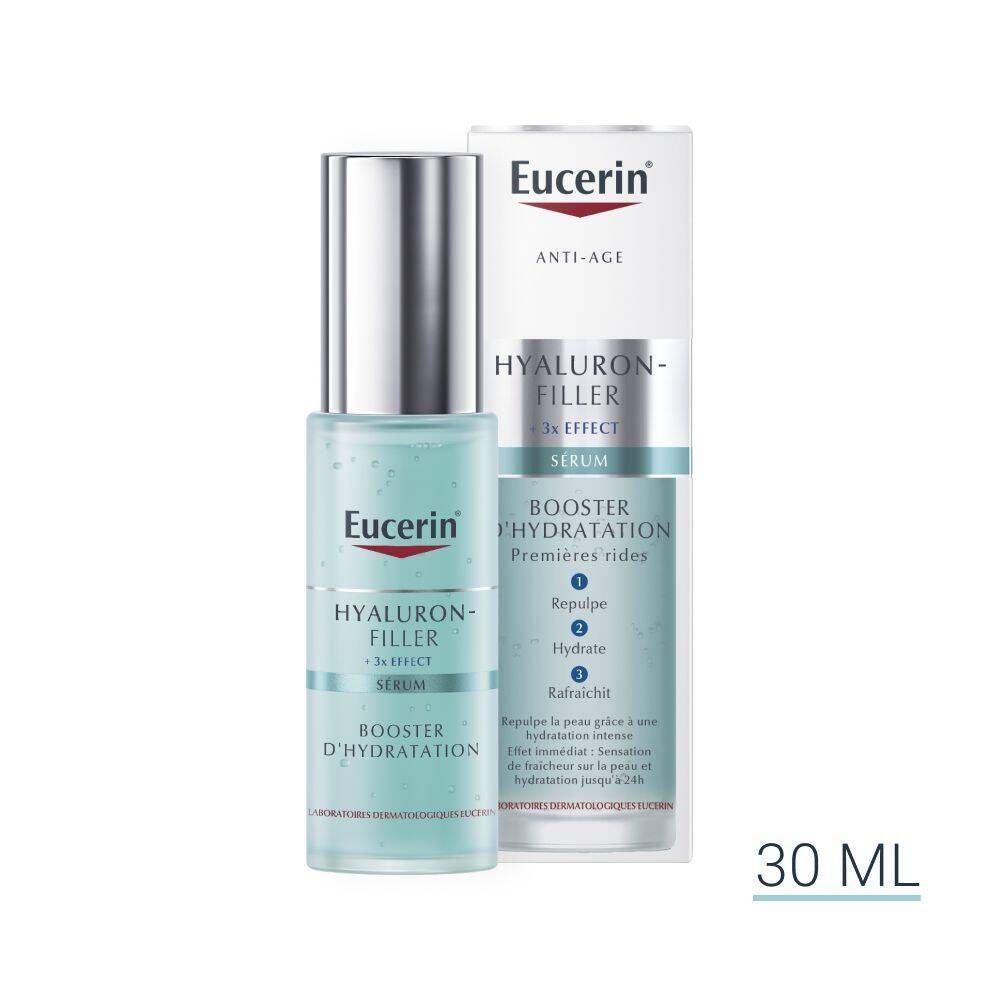 Sérum Booster d'Hydratation Eucerin Hyaluron-Filler + 3x Effect. Flacon et emballage. Inscription : Hyaluron-Filler, 3x Effect, Sérum, Booster d'Hydratation, 30 ml.