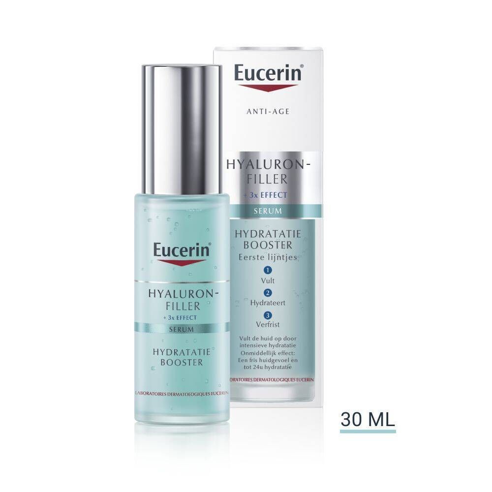 Eucerin Hyaluron-Filler + 3x Effect Hydratatie Booster Serum. Fles en verpakking. Opschrift: Hyaluron-Filler, 3x Effect, Serum, Hydratatie Booster, 30 ml.