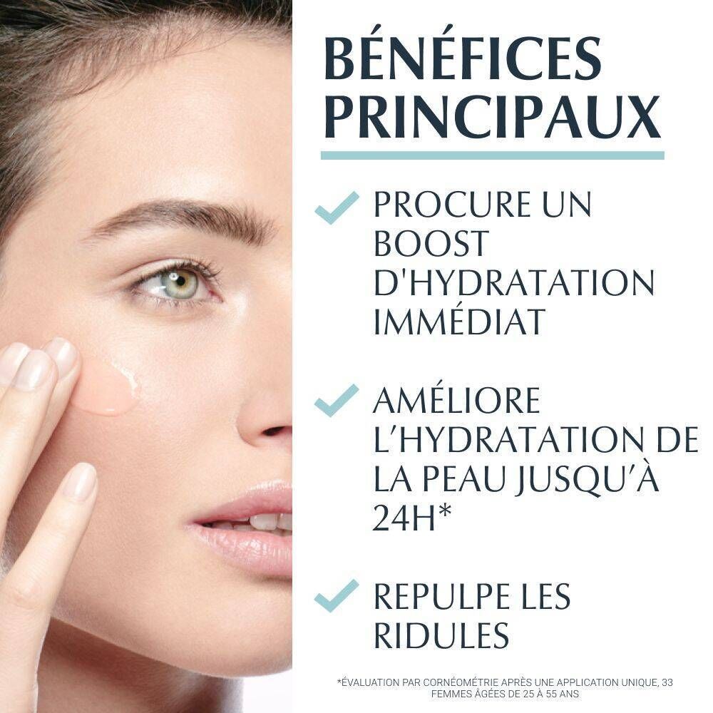 Visage d'une femme. Texte : Principaux bénéfices. Procure un boost d'hydratation immédiat, améliore l'hydratation de la peau jusqu'à 24h, repulpe les ridules.