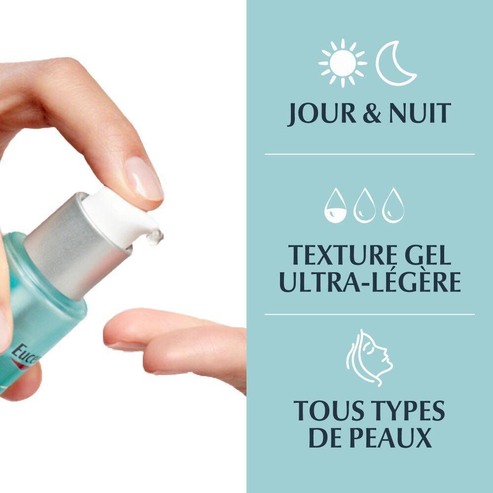 Main appuyant sur le distributeur. Texte : Jour & Nuit, texture gel ultra-légère, tous types de peaux.