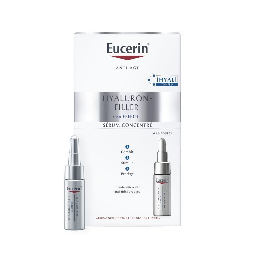 Eucerin Hyaluron-Filler Sérum Concentré. Boîte avec 4 ampoules et emballage du produit.