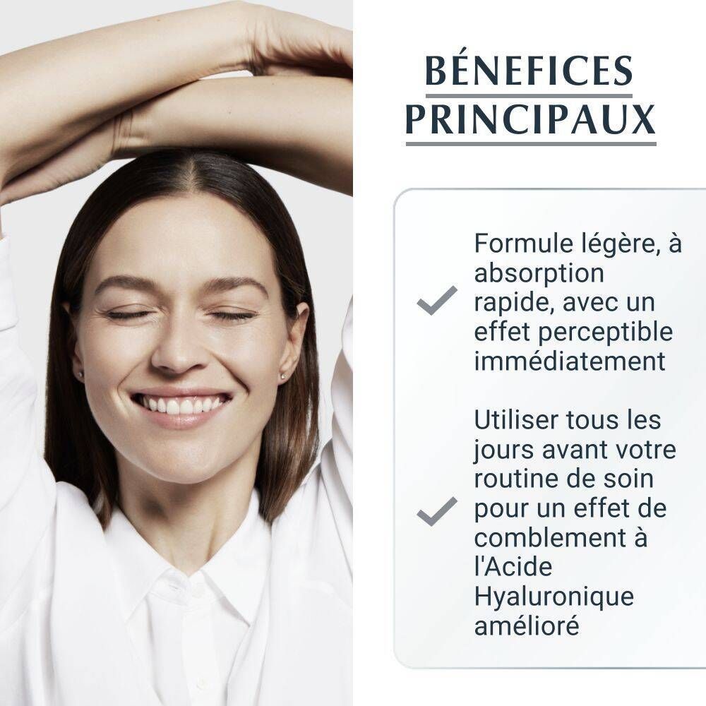 Femme aux yeux fermés. Texte : Bénéfices principaux, formule légère, absorption rapide, effet immédiat.