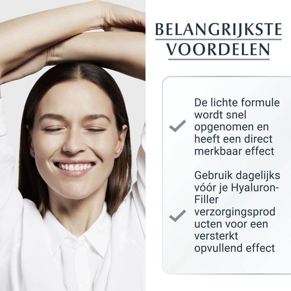 Vrouw met gesloten ogen. Tekst: Belangrijkste voordelen, lichte formule, snelle absorptie, direct merkbaar effect.